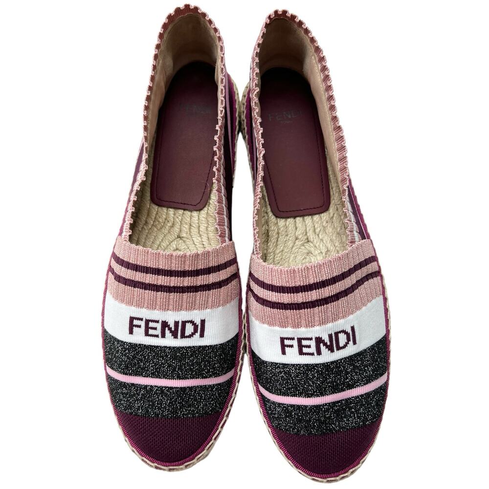 FENDI Striped Glitter Accent Espadrilles EU 39 US 9 Pink Black Knit Flat Shoes